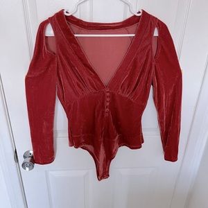Deep V Neck Velvet Thong Bodysuit Long Sleeve